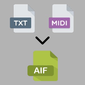 A logo depicting a .txt file icon and a .midi file icon combining into a .aif file icon.